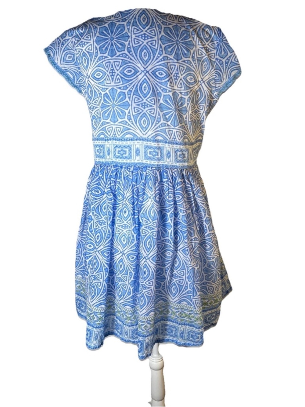 Bella Tu Blue Printed V-Neck Cap Sleeve Dress - M - Picture 4 of 7